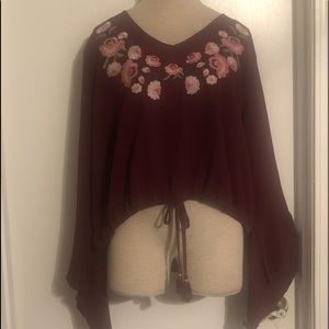 {Rue21+} Burgundy V Neck Bell Sleeve Top